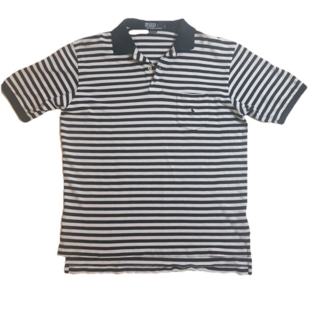 VTG Polo Ralph Lauren Classic Fit Polo Shirt Mens L. White Blue Striped Cotton